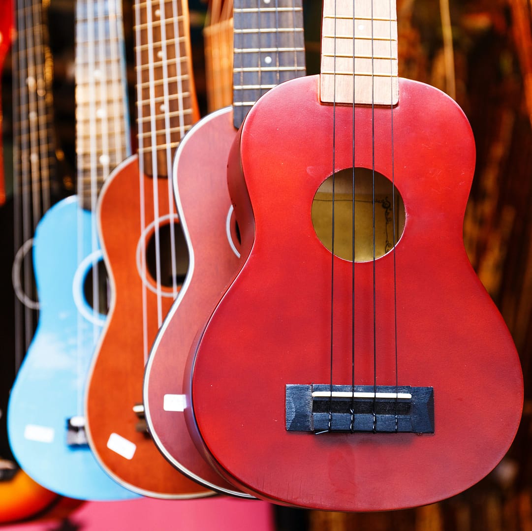 Colourful ukulele guitars hanging
